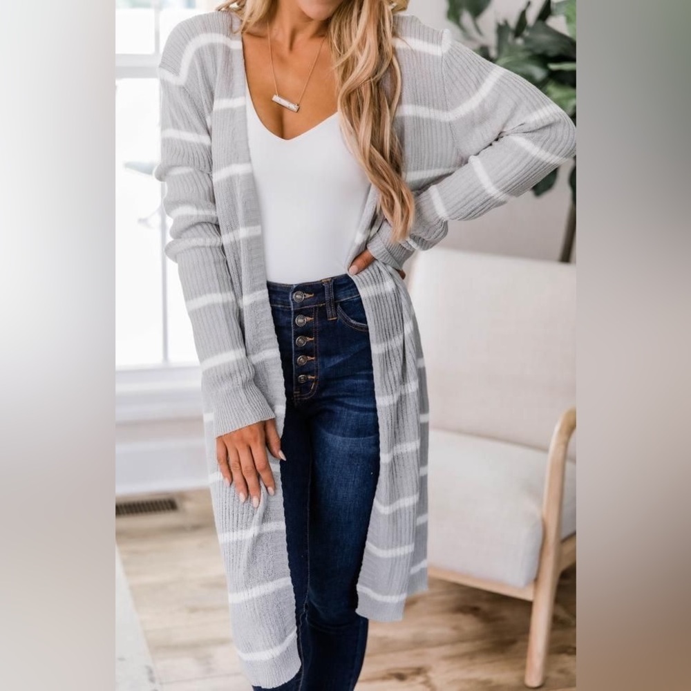 Pink Lily grey and white striped duster cardigan